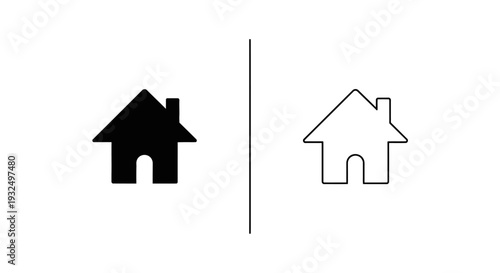 Minimalist Home Icon Vector Set: Solid Black and Outline House Symbol for Website Navigation, Apps, and Digital Interface Design isolated on White Background