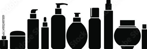 Set of various black cosmetic bottle and skincare product silhouettes vector illustration icons for beauty fashion and salon packaging designs.