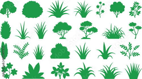 Set of various green plant and shrub silhouettes vector illustration icons for garden landscaping nature and outdoor environment themed designs.