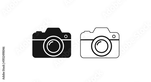 Minimalist Black and White Camera Icon Vector Set for Photography, Media, and Digital Content - Solid and Outline Style isolated on White Background