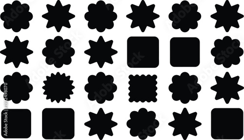 Set of various black starburst and scalloped circle badge silhouettes vector illustration icons for sale price tags and promotional stickers.