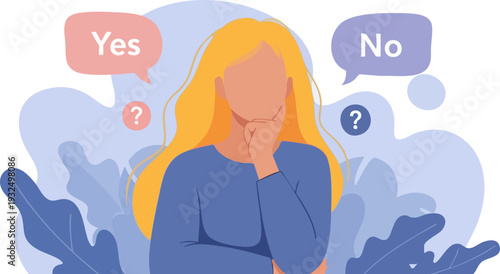 Woman Thinking with Yes No Speech Bubbles Vector Illustration