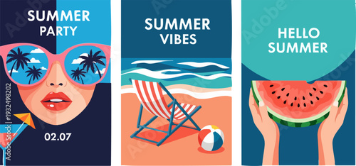 Set of 3 Summer Party and Beach Vacation Vector Illustrations