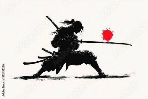 silhouette of a samurai in a low combat stance holding a katana with two swords on their back, ink brushstroke style with a red splatter sun, intense focused determination