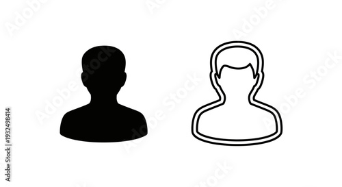 Set of 2 User Profile Icons Vector: Solid Black Silhouette and Outline Style for Web, App, and UI Design isolated on White Background