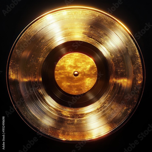 gleaming golden vinyl record with visible grooves and glowing reflections, polished metallic disc radiating a luxurious celebratory mood