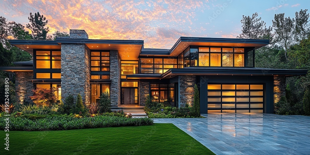 Fototapeta premium Illuminated modern two-story stone and glass house with large windows, attached garage, wet tiled driveway, manicured lawn, lush landscaping and trees at sunset with a warm inviting glow