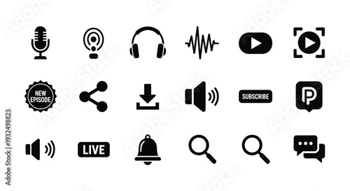 Collection of black podcasting and media icons clean silhouette