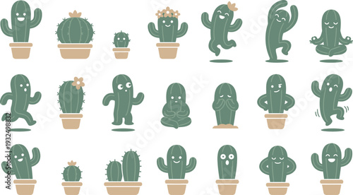 Collection of adorable potted cactus characters displaying various cheerful and playful emotions