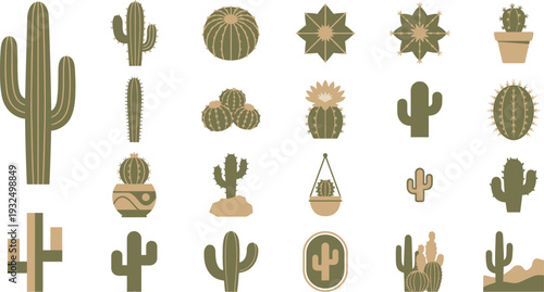 Collection of various stylized desert cacti and succulents featuring different shapes and pots.