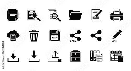 Black icons representing office and document management a flat silhouette
