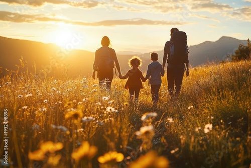 two adults and two children walking hand in hand through a wildflower meadow at sunset with backpacks and mountains in warm golden light, peaceful togetherness