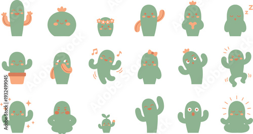 Collection of cute cartoon cactus characters displaying various joyful and expressive happy emotions