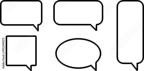 Pixel text boxes. Empty pixelated frame collection. Retro 8 bit border speech chat bubble, shape pack, message, talk balloon. Vector illustration