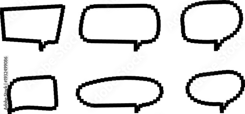 Pixel text boxes. Empty pixelated frame collection. Retro 8 bit border speech chat bubble, shape pack, message, talk balloon. Vector illustration