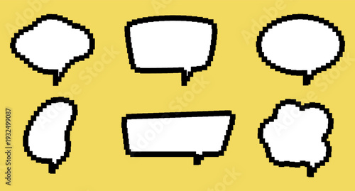 Pixel text boxes. Empty pixelated frame collection. Retro 8 bit border speech chat bubble, shape pack, message, talk balloon. Vector illustration