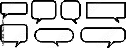 Pixel text boxes. Empty pixelated frame collection. Retro 8 bit border speech chat bubble, shape pack, message, talk balloon. Vector illustration