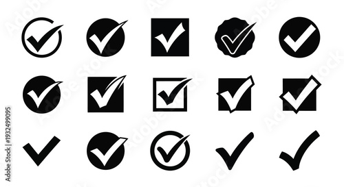 Collection of black checkmark and tick icons in varying styles silhouette