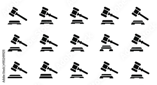 Multiple black gavel icons in various angles a legal symbol silhouette