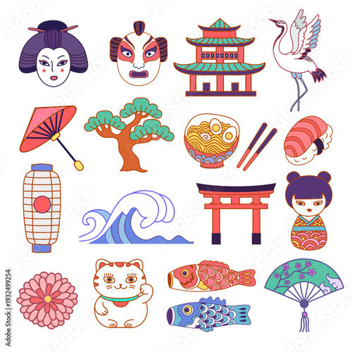 big set of  color vector hand drawn japanese icons