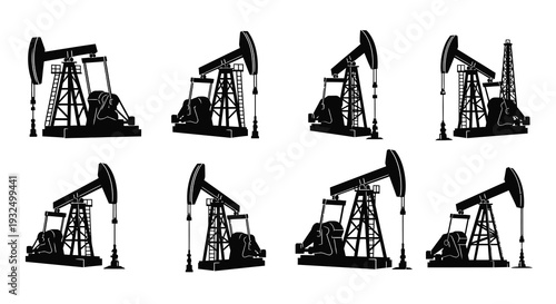 Multiple oil pump jacks displayed in a stark black silhouette