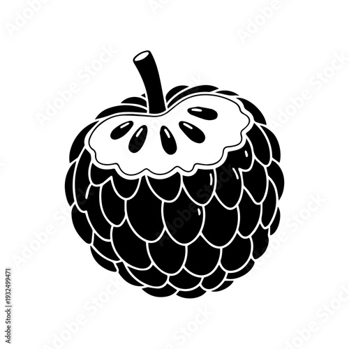 Black and white illustration of a spiky textured apple with a stem