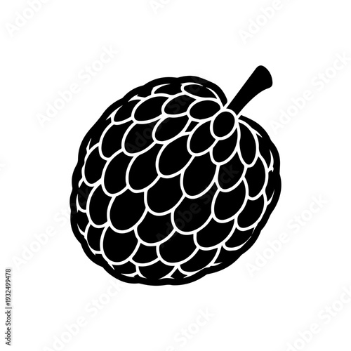A stylized black and white illustration of a spiky textured apple with a stem