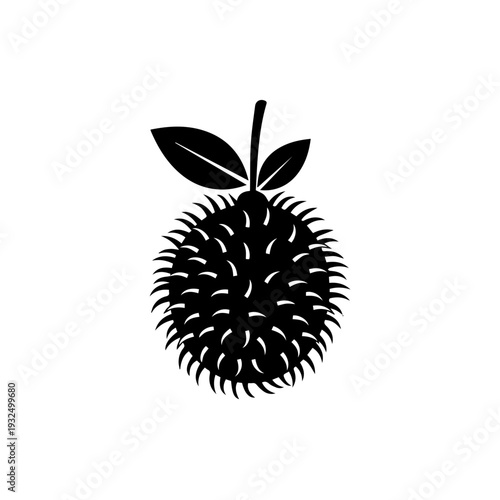Black and white illustration of a spiky fruit with green leaves on top