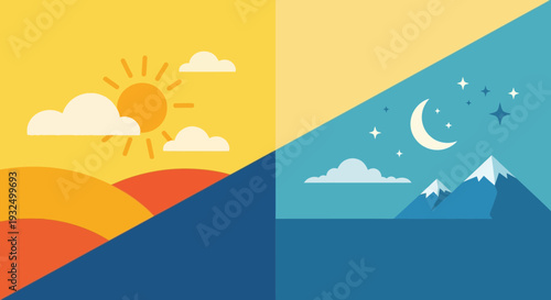 Day and night contrasting scenes with a mountain range silhouette