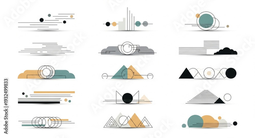 Abstract geometric shapes and lines create modern design elements.