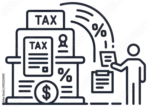 Person filing tax documents with percent and dollar symbols representing tax returns and finance.