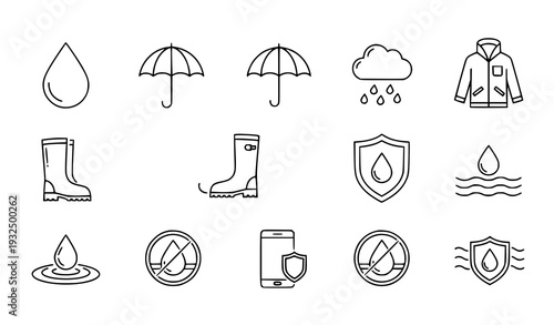 Water and Moisture Protection Thin Line Icons