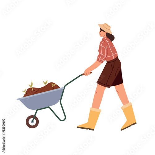 Person pushing a garden wheelbarrow with soil and sprouts