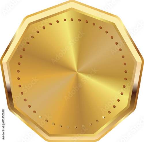 A shiny gold coin with a unique octagonal shape and decorative holes