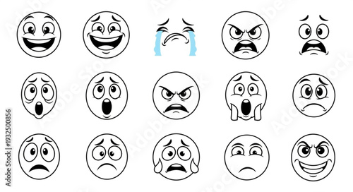 Collection of various sketched emoji faces expressing different emotions and feelings.