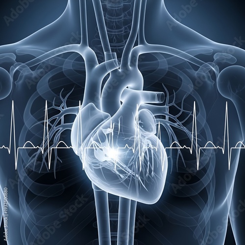 Anatomical illustration of a human heart with an electrocardiogram overlay.