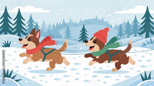 Two cartoon dogs wearing winter clothing and accessories running through a snowy forest landscape with evergreen trees and snowflakes