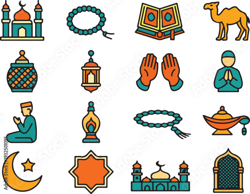 Colorful Islamic symbols and objects often associated with Ramadan and Muslim culture and traditions