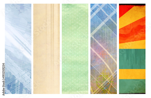 Series of banner featuring vivid, multicolored pattern on vintage paper texture. Set of colorful print is applied to a cardboard background. Collection of horizontal or vertical retro style backdrop