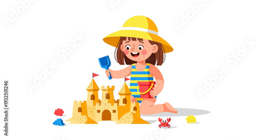 Vector illustration of a girl building a sandcastle