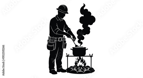 Construction worker cooking over campfire detailed black silhouette high quality professional