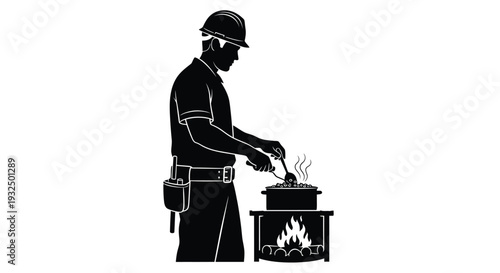 Worker tending a small campfire depicted in striking black silhouette