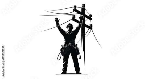 Lineman working on high voltage power lines a striking black silhouette