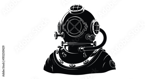 Vintage diving helmet design detailed illustration in black and white silhouette