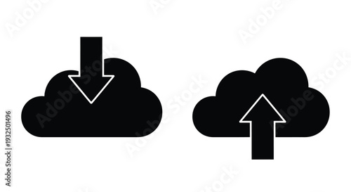 Two black clouds with opposing arrows representing download and upload silhouette
