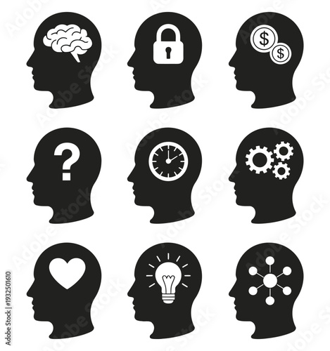 Head brain vector icons set featuring neuroscience symbols, thinking concepts, intelligence elements, mental health ideas, and modern line and solid style illustration