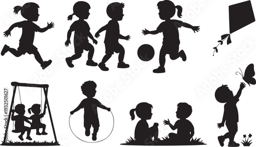 Joyful children silhouettes engaging in various outdoor play activities including running and swinging