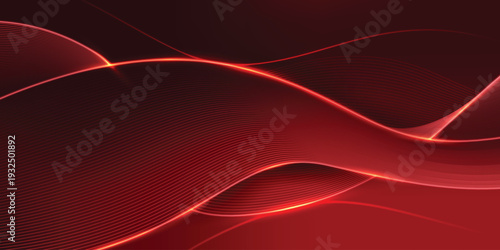 Dark red abstract background with glowing wave. Shiny moving lines design element. Modern red gradient flowing wave lines. Futuristic technology concept. Vector