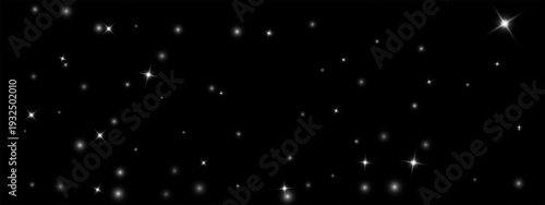 Starry night sky background with glowing stars scattered across dark space, creating a magical cosmic atmosphere with shimmering celestial light and galactic dust particles