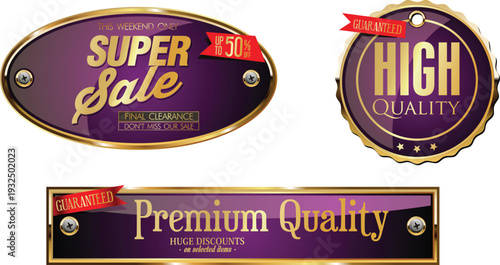 Collection of purple and gold sale and quality labels